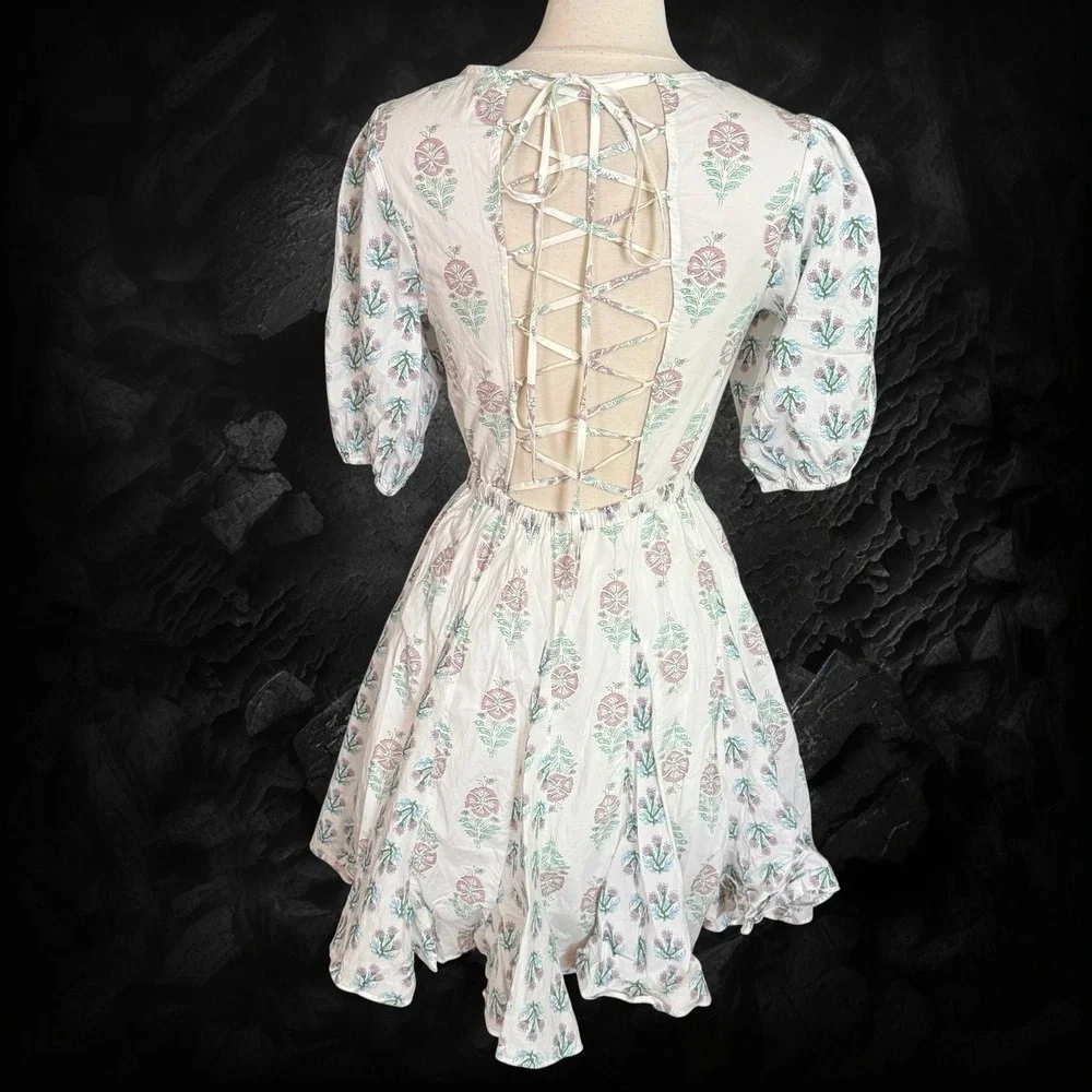 Christian Lacroix Tie Back Mini Dress Size S Lined Fit and Flare Puff‎ Sleeve
